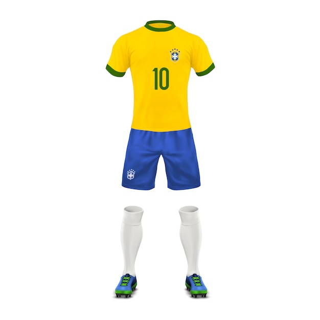 Vetor grátis uniforme de futebol de uma equipe do brasil, conjunto de roupas esportivas, camisa, shorts, meias e botas