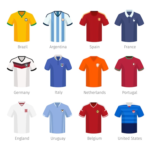 Vetor grátis uniforme de futebol ou futebol de seleções nacionais. argentina brasil espanha frança alemanha itália holanda portugal inglaterra.