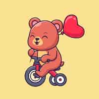 Vetor grátis urso bonito andando de bicicleta com ilustração de ícone de vetor de desenho de balão de coração de amor. transporte de animais