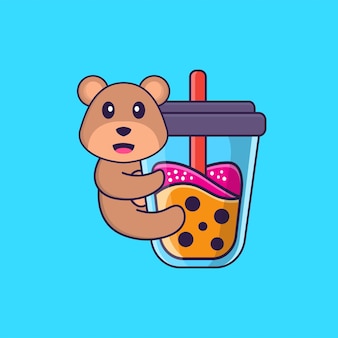 Urso fofo bebendo chá com leite boba conceito de desenho animado animal isolado