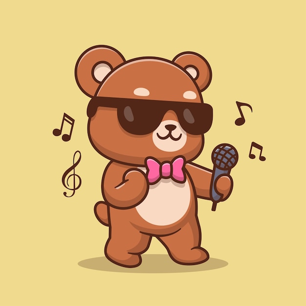 Vetor grátis urso fofo cantando ilustração vetorial de ícone de desenho animado conceito de ícone de música animal isolado vetor plano