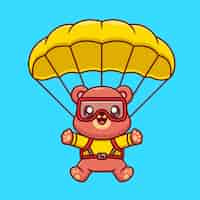 Vetor grátis urso fofo voando com pára-quedas ícone vetorial de desenho animado ilustração ícone de esporte animal isolado plano