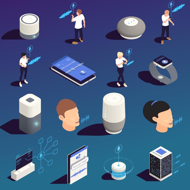 Vetor grátis usuário de assistente de voz rede neural aplicativo móvel aplicativo smartwatch aplicativo de smartwatch dispositivos de casa inteligente conexão conjunto isométrico ilustração vetorial