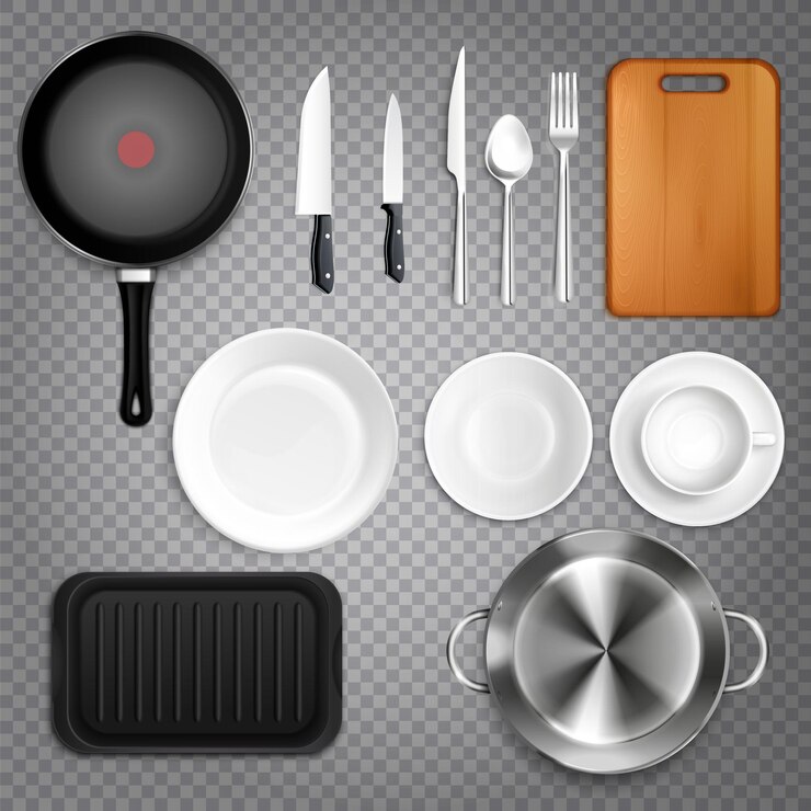 Vetor grátis utensílios de cozinha conjunto realista vista superior com facas talheres placas placa de corte frigideira transparente
