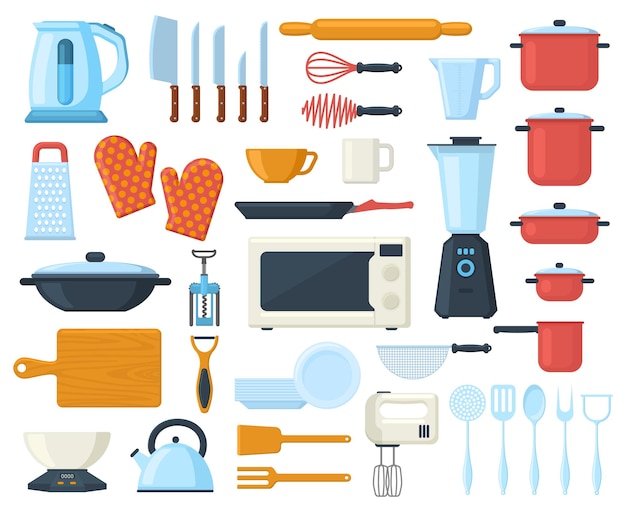 Utensílios de cozinha, talheres culinários, ferramentas, elementos de utensílios. conjunto de ilustração vetorial de talheres, utensílios de cozinha e pratos. elementos de utensílios de cozinha