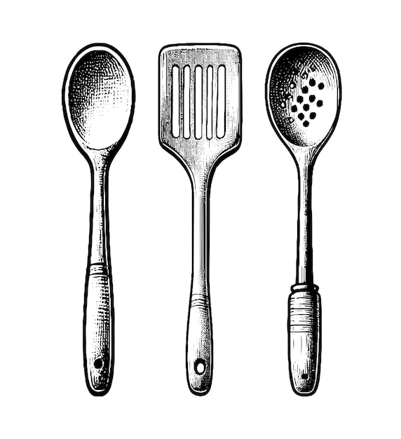 Utensílios de cozinha vector desenhado à mão prato de cozinha de madeira rústico conjunto de colher pontilhada colher e espátula