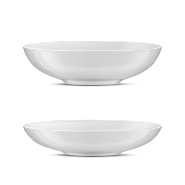 Vetor grátis utensílios de porcelana branca realista 3d, pratos de vidro para comida diferente.