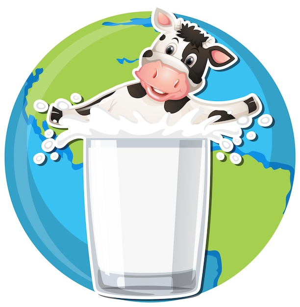 Vaca de desenho animado com um copo de leite