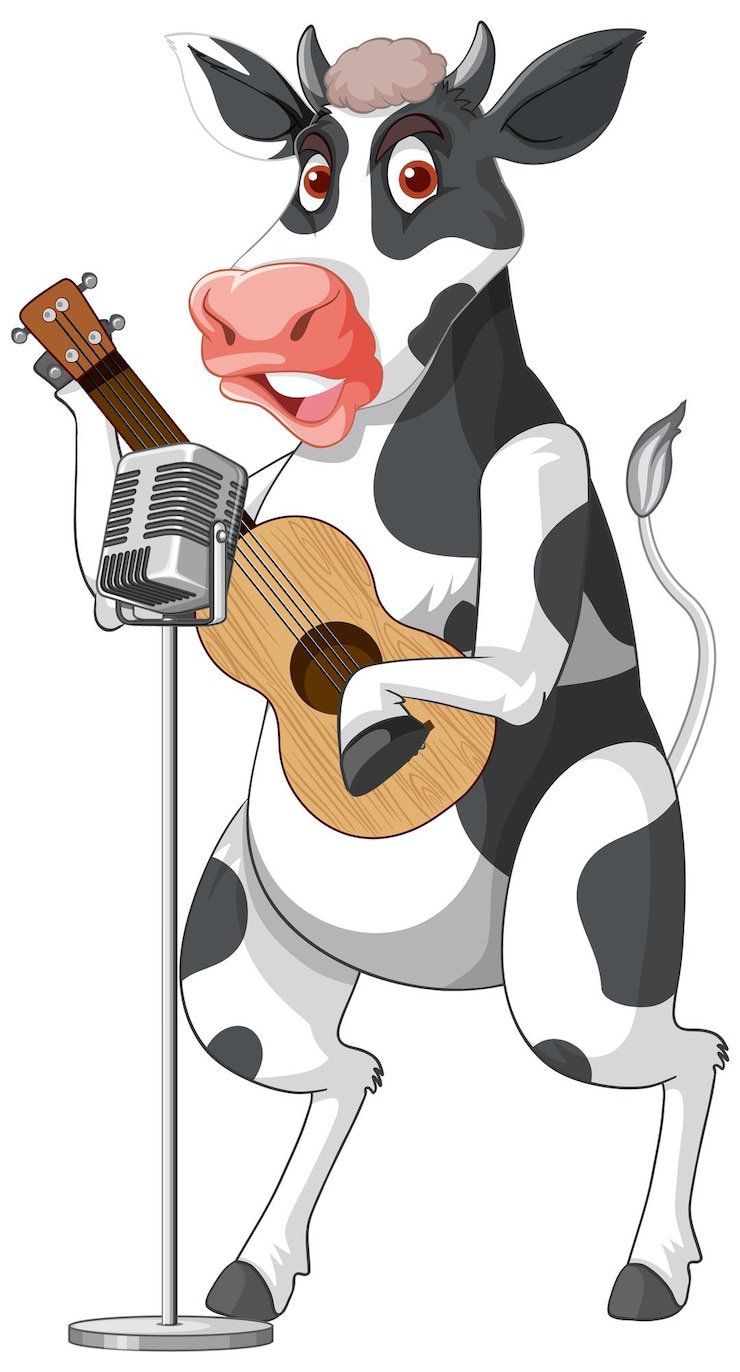 Vetor grátis vaca em pé sobre duas pernas tocando personagem de desenho animado de guitarra