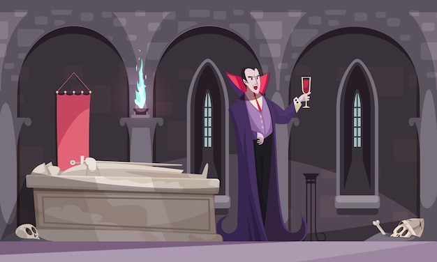 Vampiro na capa roxa, bebendo sangue do copo de vinho no cofre com esqueletos de tumba plana