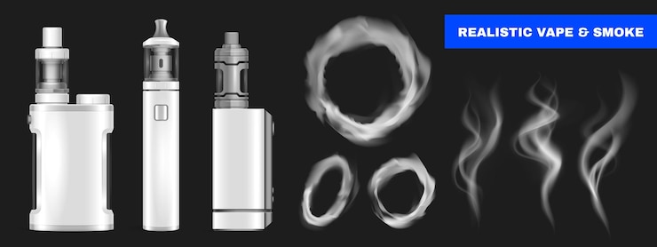Vetor grátis vape realista definido com ícones isolados de círculos de fumaça e sopros com dispositivos vaping e ilustração vetorial de texto