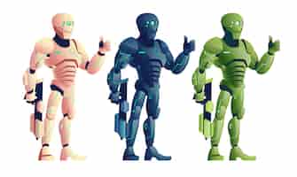 Vetor grátis várias cores, futuros guerreiros cyborg, soldados em armadura futurista, robô do exército alienígena