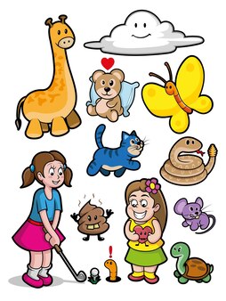 Várias estatuetas infantis de meninas e animais