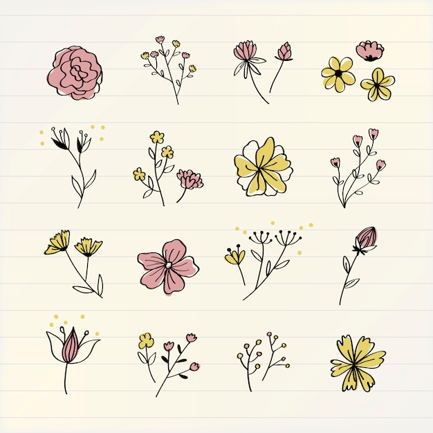 Vetor grátis várias flores doodle vetor de coleção