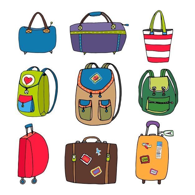 Variedade de bolsas coloridas, mochilas e malas isoladas