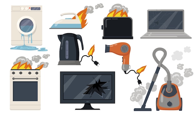 Vetor grátis variedade de conjunto de item plano de eletrodomésticos quebrados. fogão danificado dos desenhos animados, torradeira, aspirador de pó, coleção de ilustração vetorial isolado de laptop. conceito de casa e equipamento