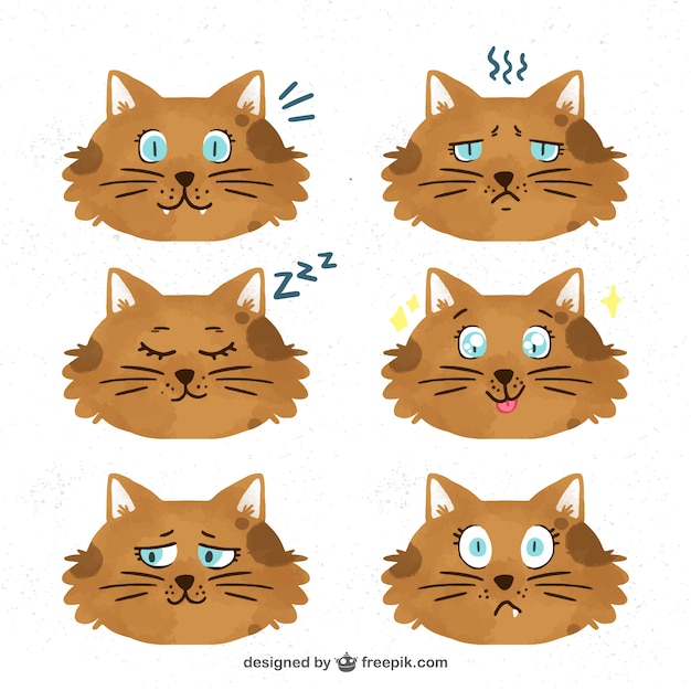 Variedade de emoticons gato da aguarela