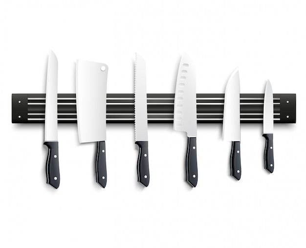 Vetor grátis variedade de facas de cozinha com alça preta na faixa magnética na ilustração em vetor fundo branco 3d