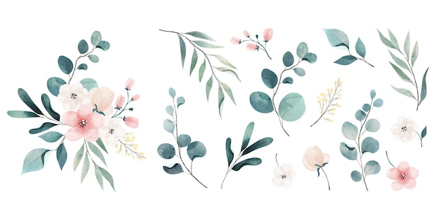 Variedade de folhas e flores em aquarela