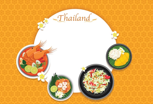 Vetor grátis variedade de pratos de comida tailandesa tom yum kung arroz pegajoso e salada de mamão tailandesa de manga pratos da culinária tailandesa na mesa