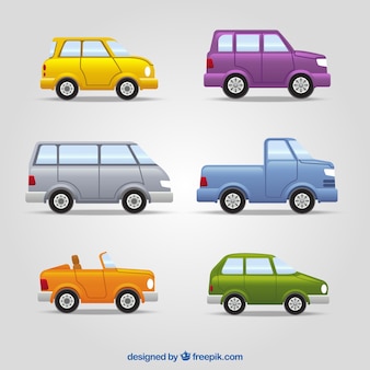 Variedade de veículos com diferentes cores e desenhos