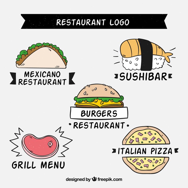 Vetor grátis variedade divertida de logos de restaurantes desenhados a mão