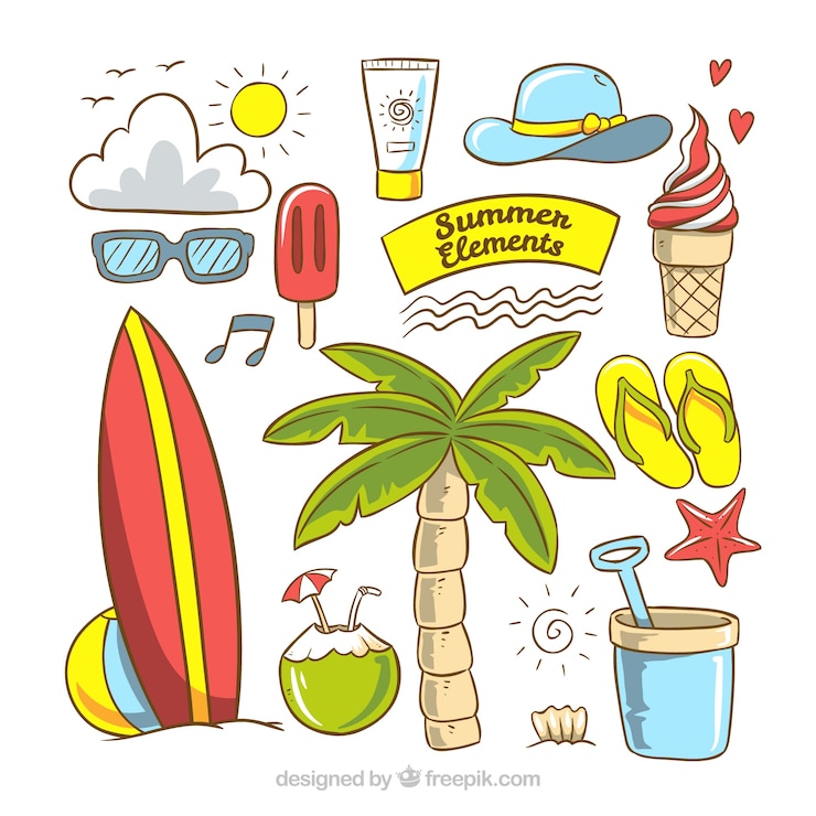 Vetor grátis variedade, hand-drawn, verão, elementos