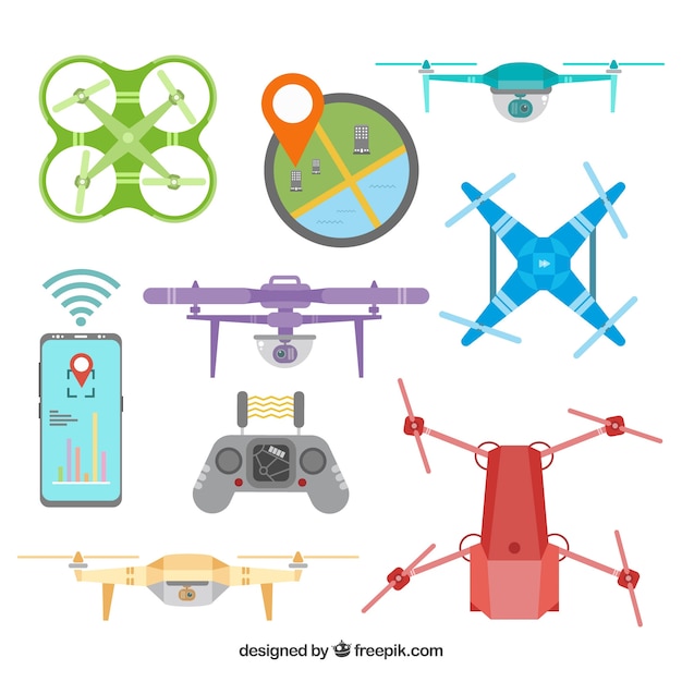 Vetor grátis variedade plana de drones coloridos