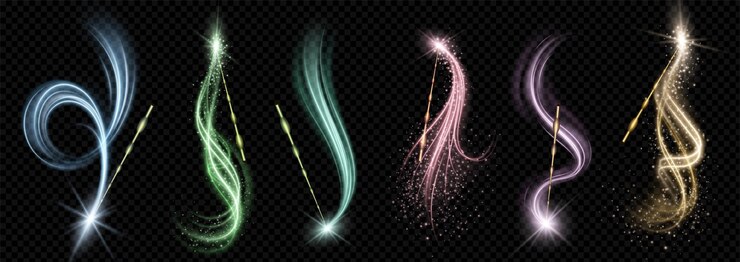 Vetor grátis varinha mágica com feitiço de feiticeiro brilho luz vetor mágico efeito de trilha de brilho de fada com bastão brilhante em fundo preto fantasia espiral vórtice brilho isolado conto de fadas abracadabra desejo linha neon