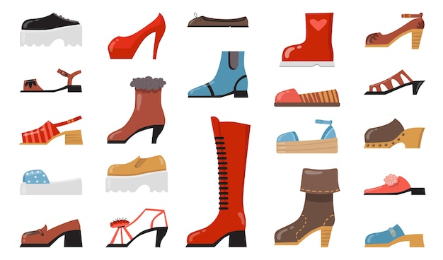 Vários conjunto de ícones plana de calçados na moda. desenhos animados elegantes elegantes e sapatos casuais, botas sazonais, coleção de ilustração vetorial isolado de sandálias de verão.