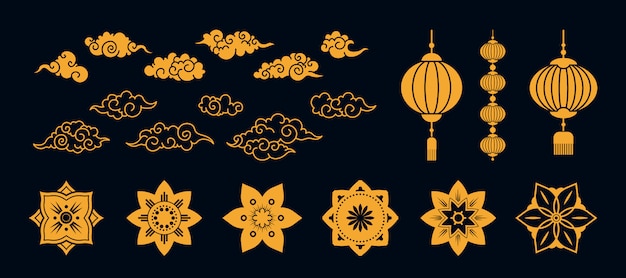 Vários elementos planos tradicionais de ouro asiático