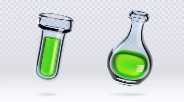 Vetor grátis vasos de laboratório químico com substância líquida verde isolada em fundo transparente ilustração vetorial realista de tubos de vidro de laboratório de pesquisa com fluido tóxico poção mágica elixir médico