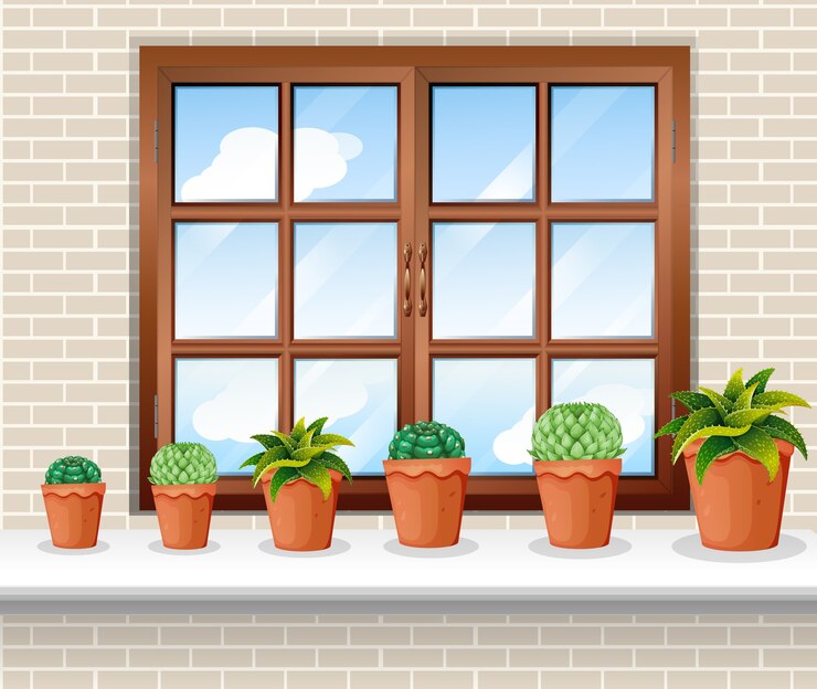 Vetor grátis vasos de plantas perto da janela