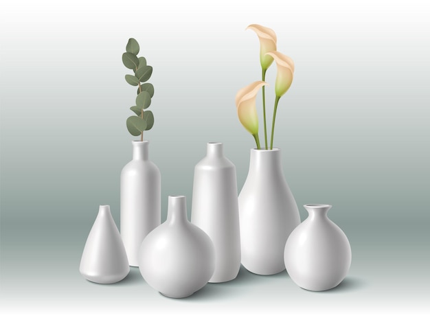 Vasos de porcelana branca de forma diferente com ilustração vetorial realista de flores