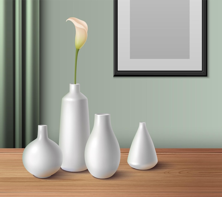 Vetor grátis vasos de porcelana de cerâmica branca de tamanho e forma diferentes na composição realista de mesa de madeira com ilustração em vetor moldura em branco
