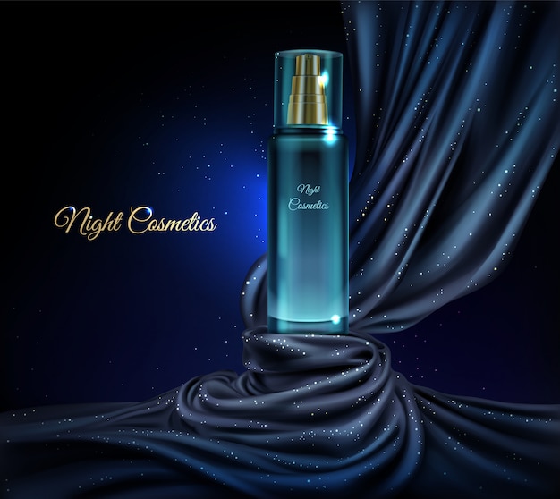 Vetor grátis vector 3d fundo cosmético realista com frasco de vidro de cosméticos à noite