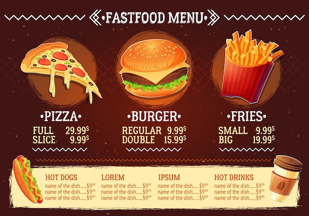 Vector cartoon illustration of a design fast food restaurant menu