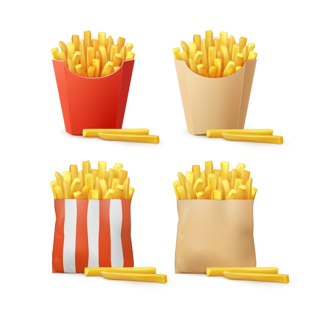 Vector conjunto de batatas fritas em vermelho branco listrado artesanato papel cartonagem pacote caixas sacos isolados no fundo. comida rápida