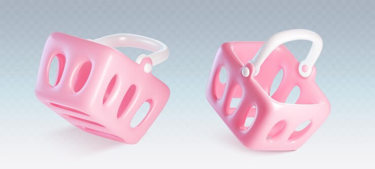 Vetor grátis vector de cesta de supermercado de renderização 3d rosa carrinho de loja realista vazio para comprar alimentos para o consumidor ícone isolado símbolo de balde de comprador compre recipiente de saco de plástico para loja de comércio varejista