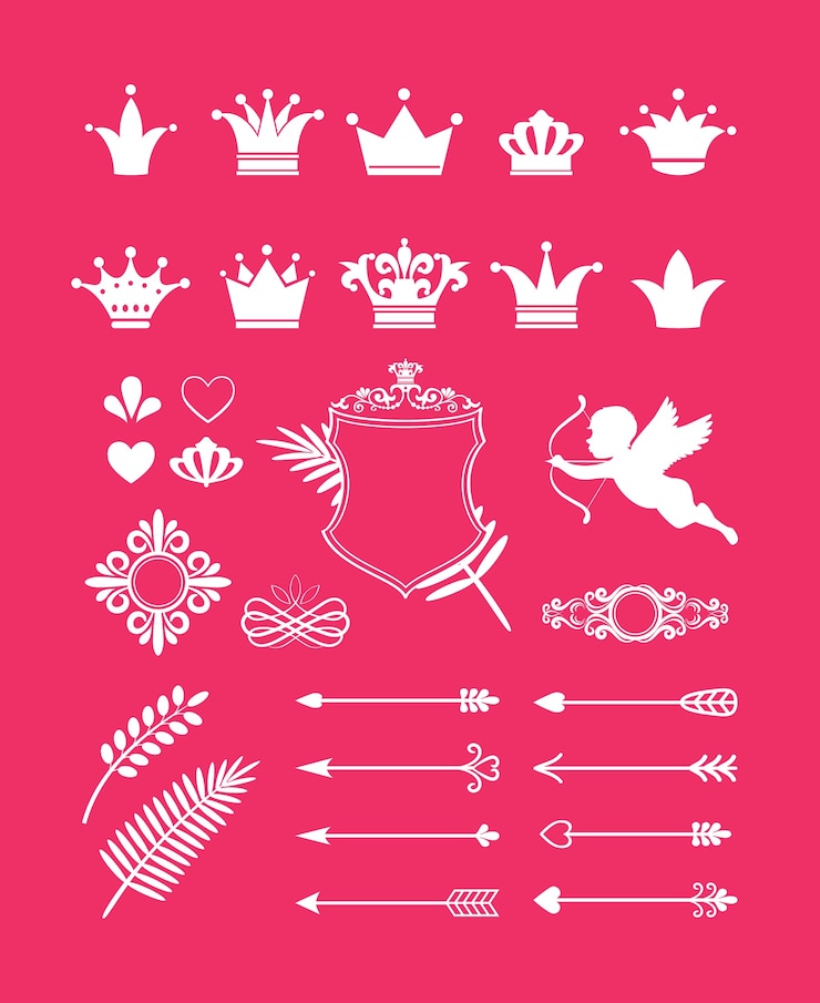 Vetor grátis vector decoração rosa com coroas, corações e elementos de design de flechas para princesa e glamour