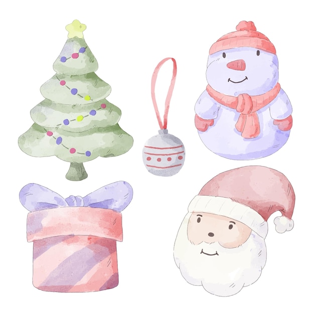 Vetor grátis vector illustration personagem em aquarela de natal e objeto com uma variedade de tipos e cores. feliz natal recorte elemento cartões de férias, convites e decoração de celebração do site.