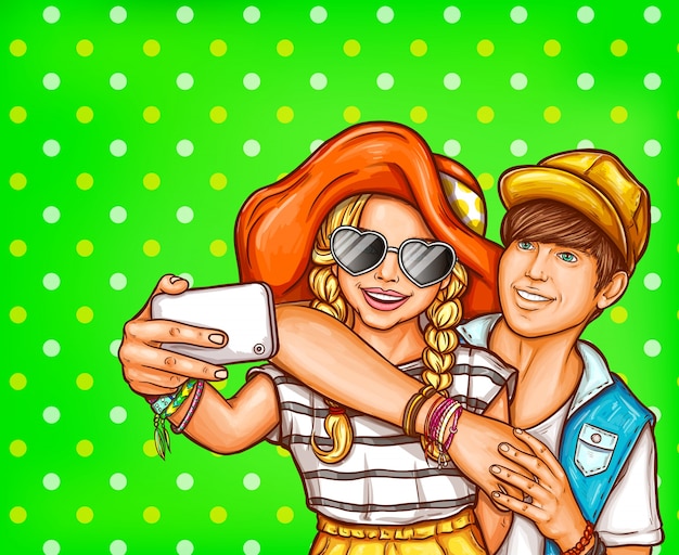 Vector ilustração pop art de uma jovem e garota fazendo selfies em um smartphone.