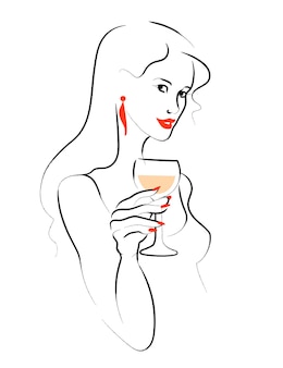 Vector mão desenhada retrato de uma bela jovem segurando o copo de vinho isolado no fundo branco. estilo minimalista de esboço desenhado à mão. conceito para festa noturna de senhoras, bar, happy hour cocktail.