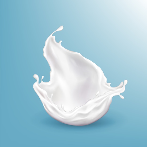 Vector o leite 3d realístico que espirra, bebida brilhante isolada no fundo azul.