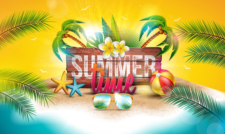 Vetor grátis vector summer time férias ilustração com placa de madeira e palmeiras