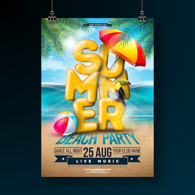 Vector verão festa flyer design com carta de tipografia 3d e folhas de palmeira tropical