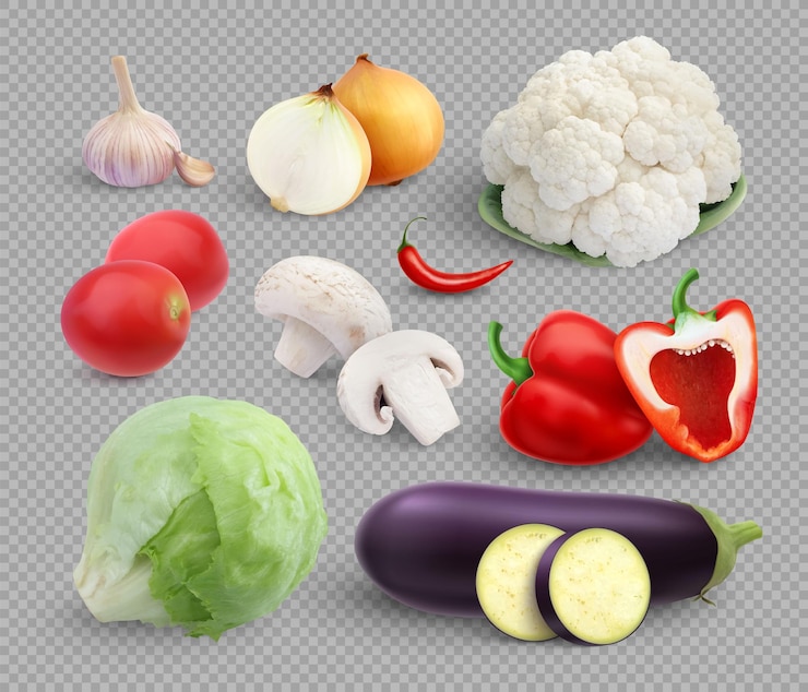 Vetor grátis vegetais conjunto realista de cebolas isoladas alho pimenta cogumelos e alface em fundo transparente com ilustração vetorial de sombras