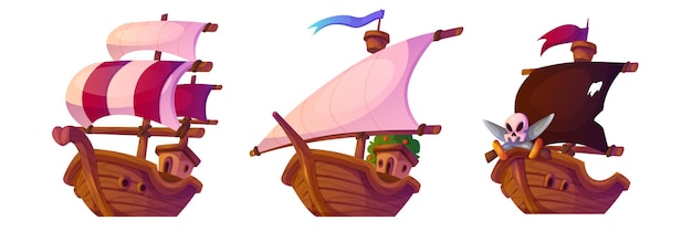 Vetor grátis vela e barco pirata com velas vetor de desenho animado
