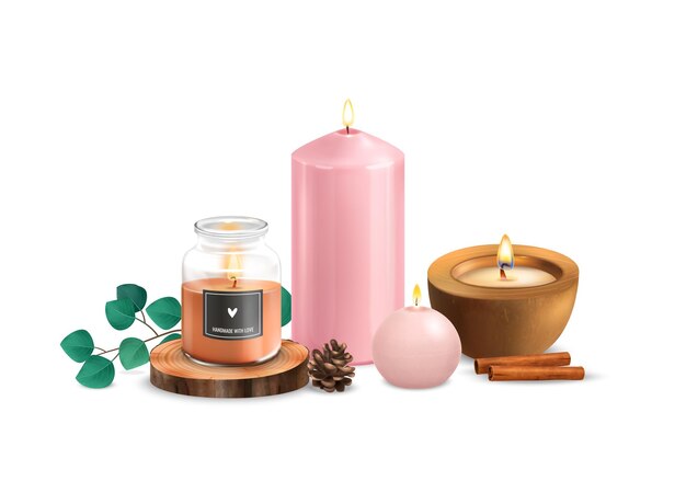 Velas de aroma feitas à mão realistas com paus de canela de pinho folhas verdes para decoração de casa ilustração vetorial