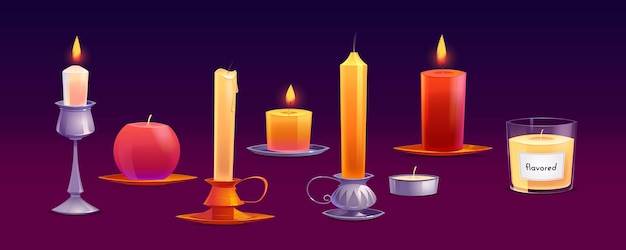 Velas de cera de diferentes formas com fogo e parafina aromatizada.